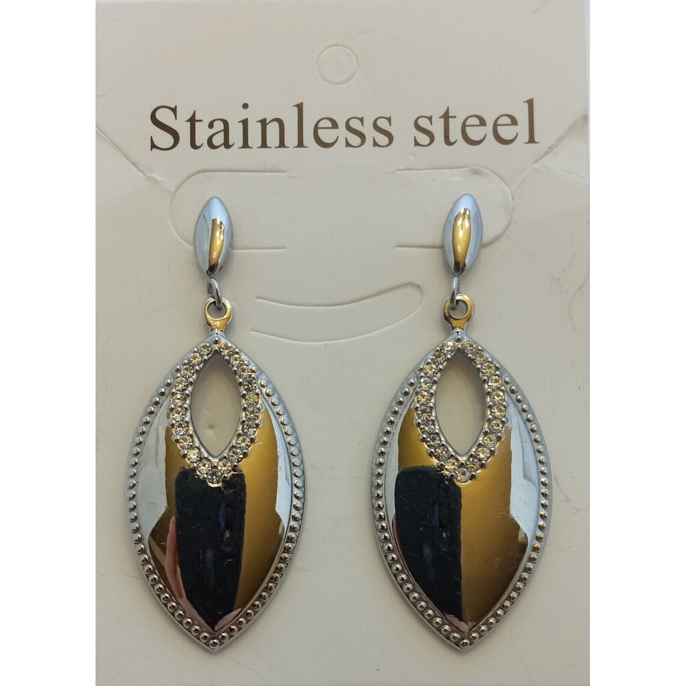 Stainless Steel & Clear Crystal Stud Dangle Earrings 2.5 inch - Picture 5 of 9